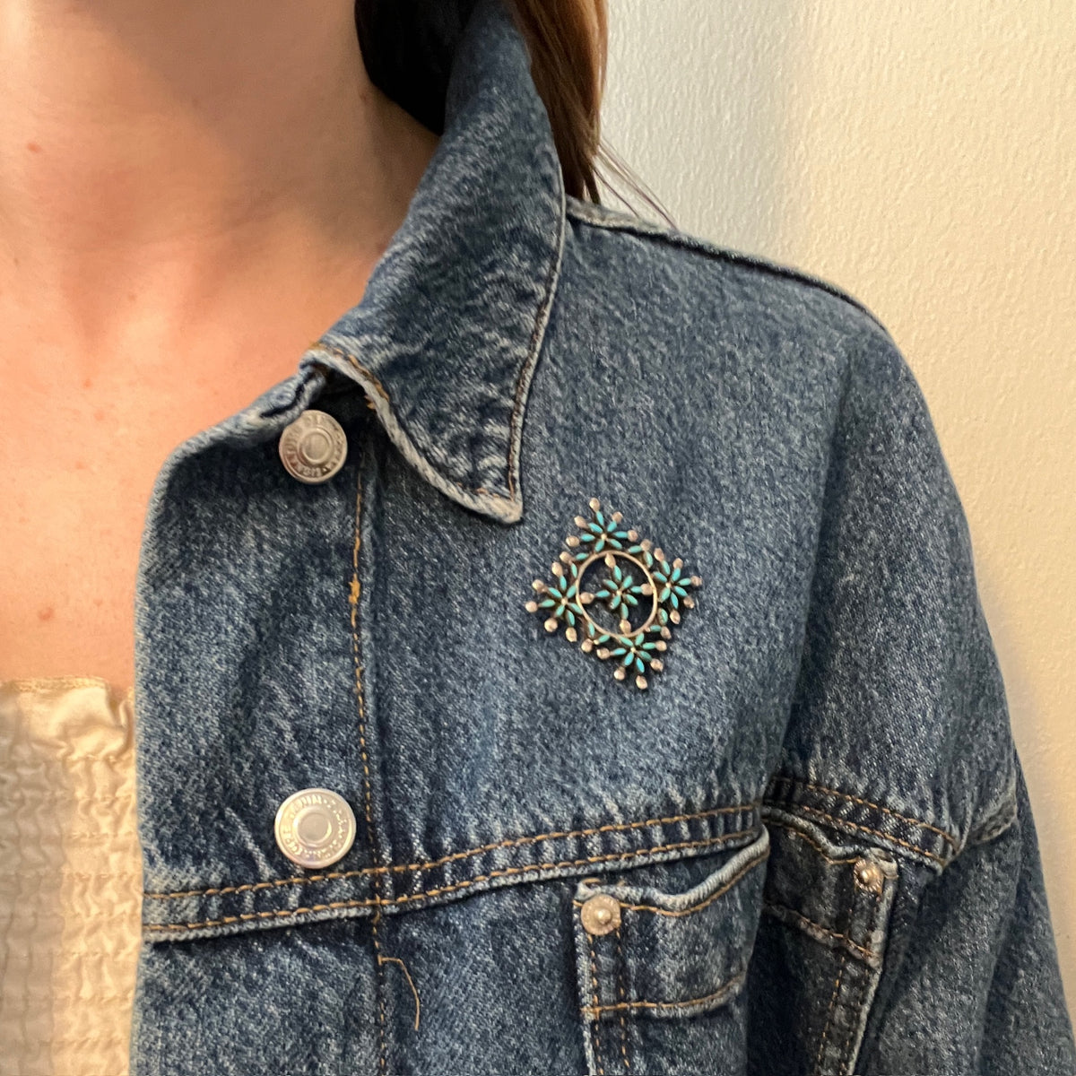 Needlepoint Turquoise in Sterling Silver Zuni Brooch