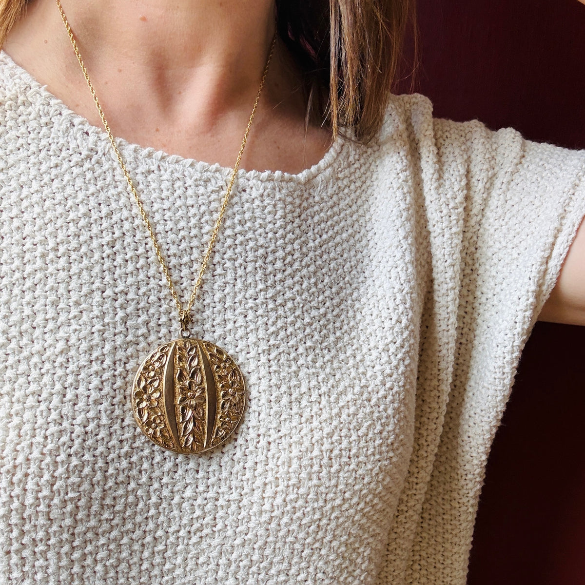 Large Gold Filled Locket with Engraved Forget-Me-Nots