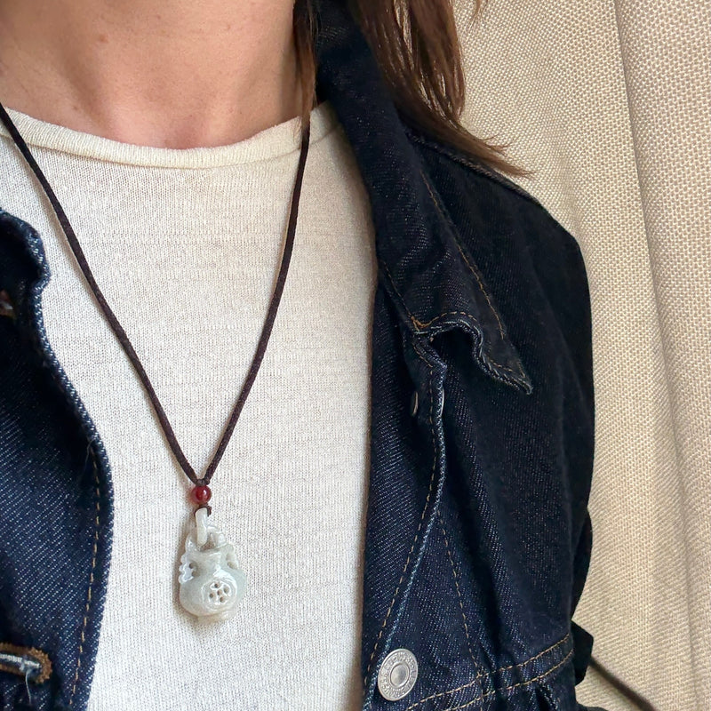Carved Jade Vase on Brown Silk Cord Necklace