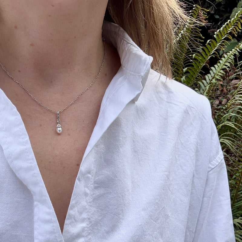 Dainty Platinum Pendant with Diamonds & Pearl