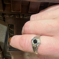 Stylish Art Deco Onyx & Engraved White Gold Ring