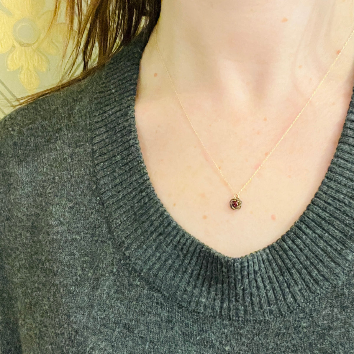 Engraved Gold & Garnet Wee Love Knot Necklace