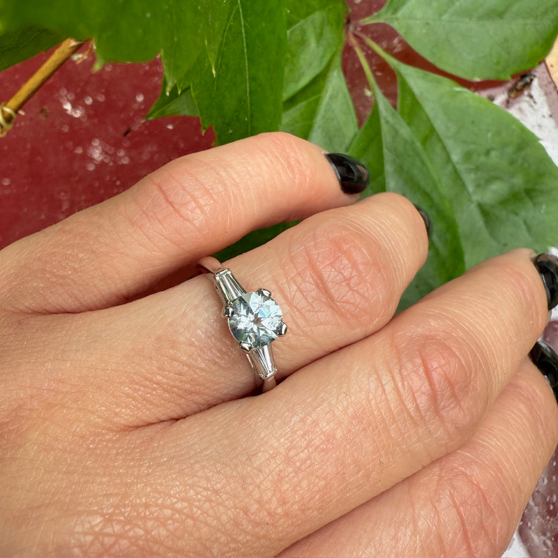 Aquamarine and Baguette Diamond Platinum Engagement Ring