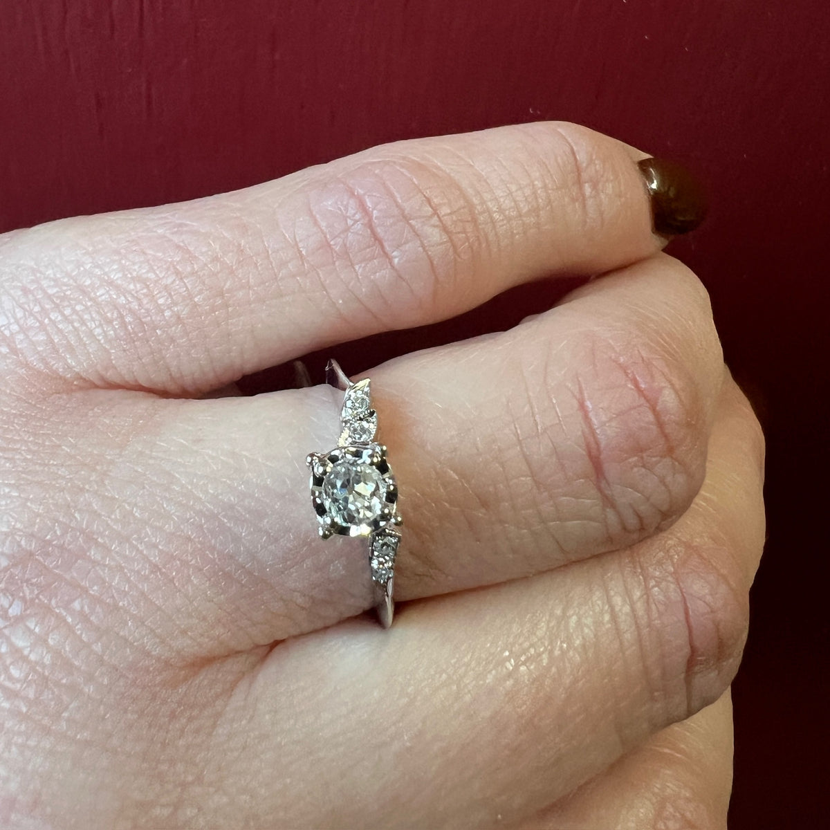 Asymmetric New Old Stock Old Mine Cut Diamond Engagement Ring