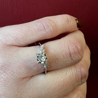 Asymmetric New Old Stock Old Mine Cut Diamond Engagement Ring