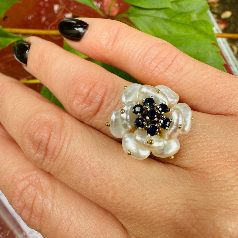 Mid Century Pearl & Sapphire Flower Ring
