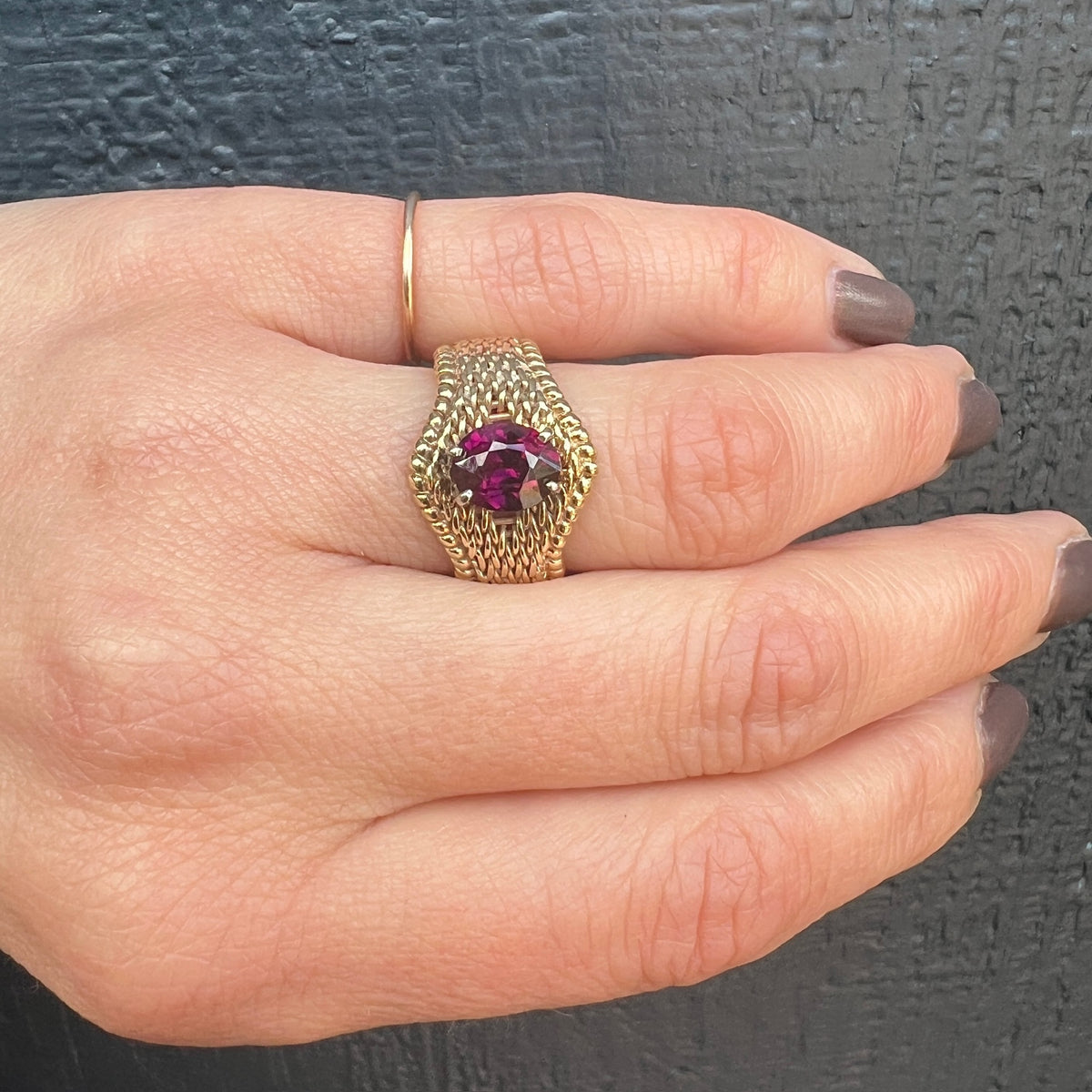 Beautifully Woven Gold Ring with Garnet