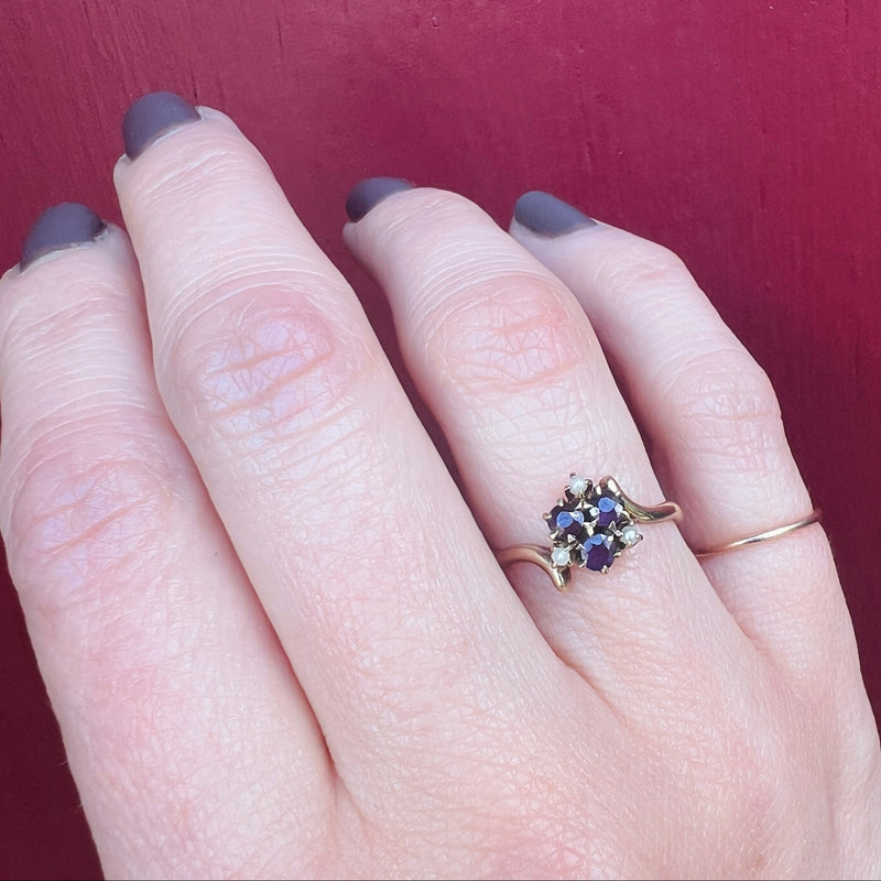 Amethyst and Pearl Cluster in Victorian Bypass Ring