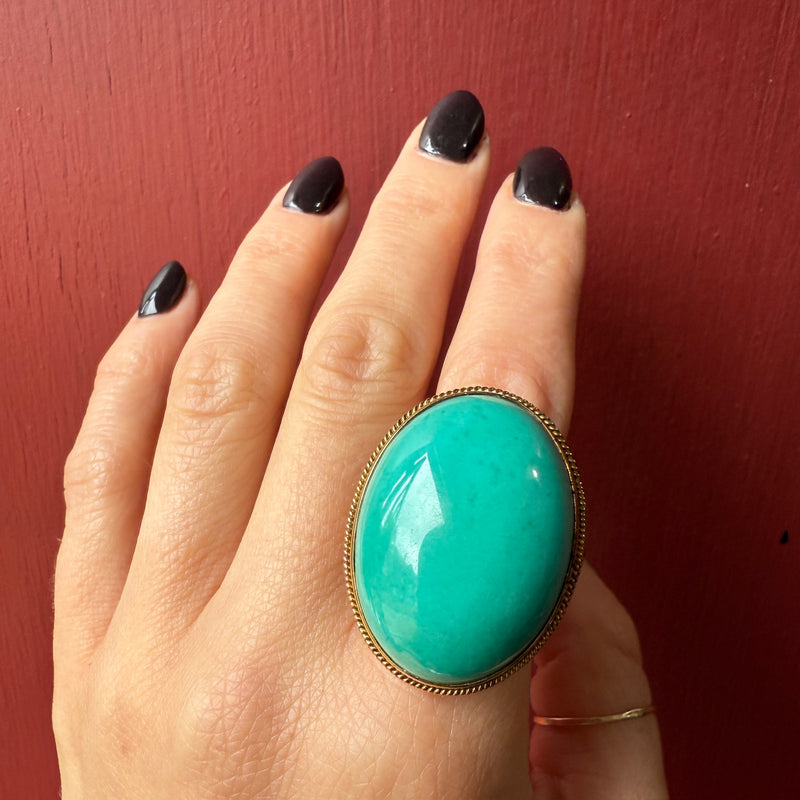 Impressive Teal Turquoise & Gold Statement Ring