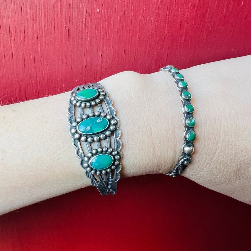 Slender Coin Silver Cuff with Lush Green Turquoise