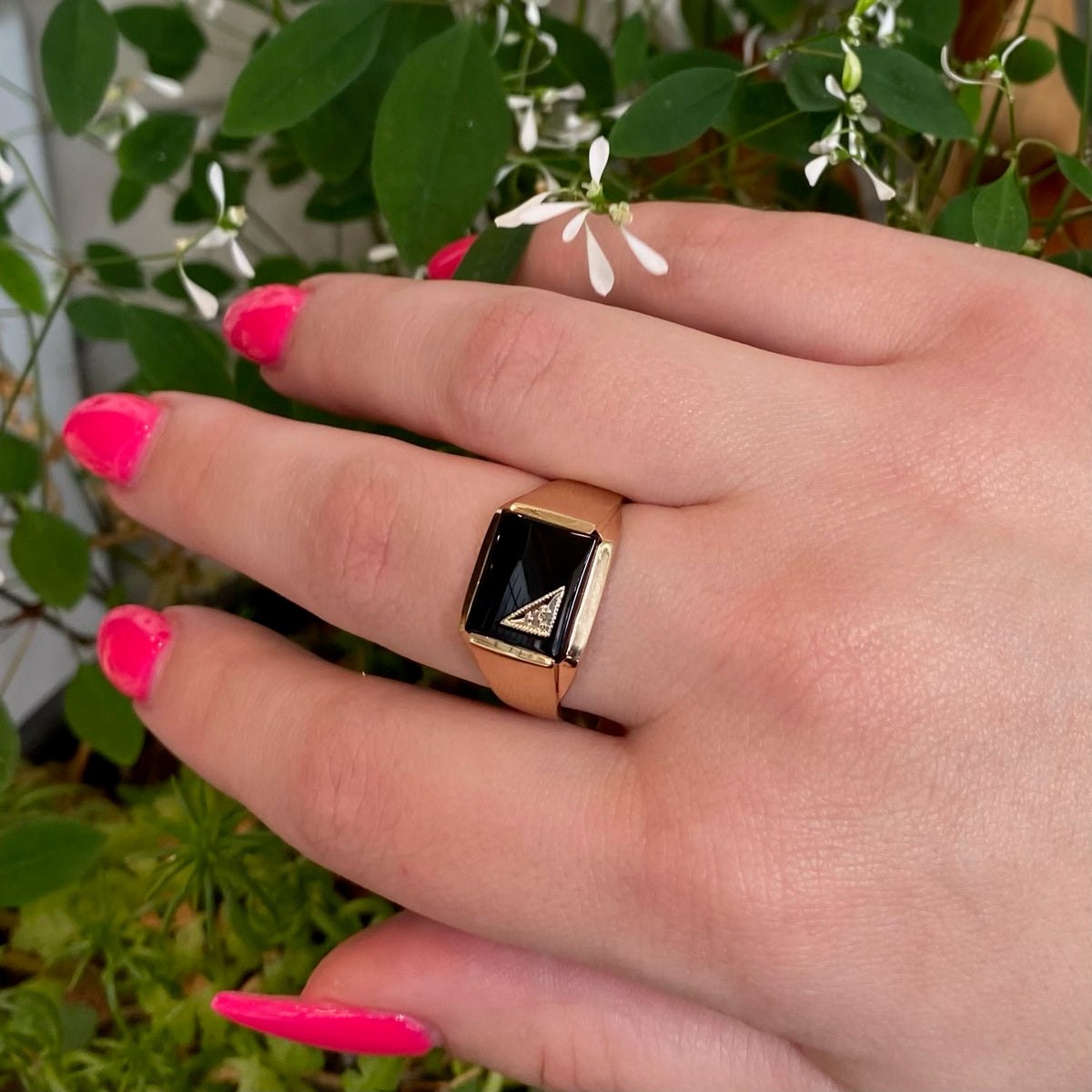 Swanky Mid Century Onyx Signet with Diamond Accent