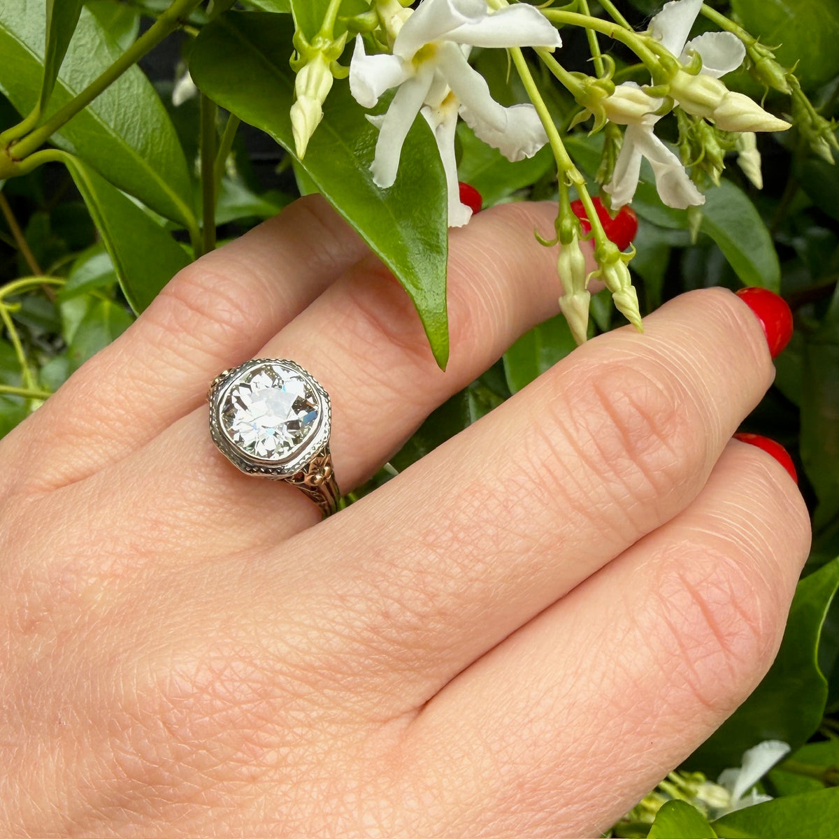 Gold Filigree 2.53 OMC Cushion Diamond Ring