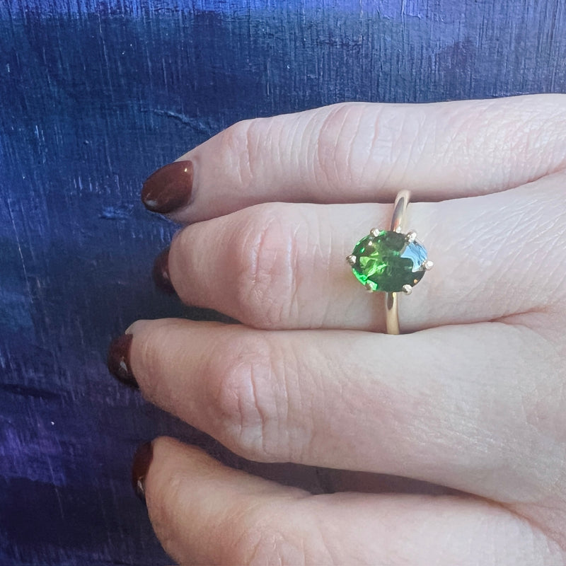 Magnificent Buff Top Tsavorite Garnet in 18k Solitaire Ring