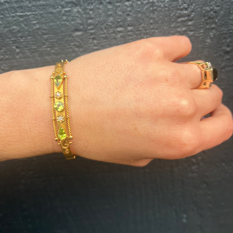 English 15ct Gold Bangle with Peridot & Diamonds