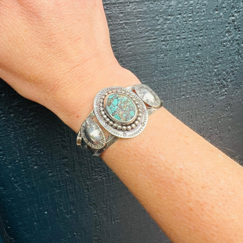 Dramatic 1950s Sterling & Turquoise Cuff Bracelet