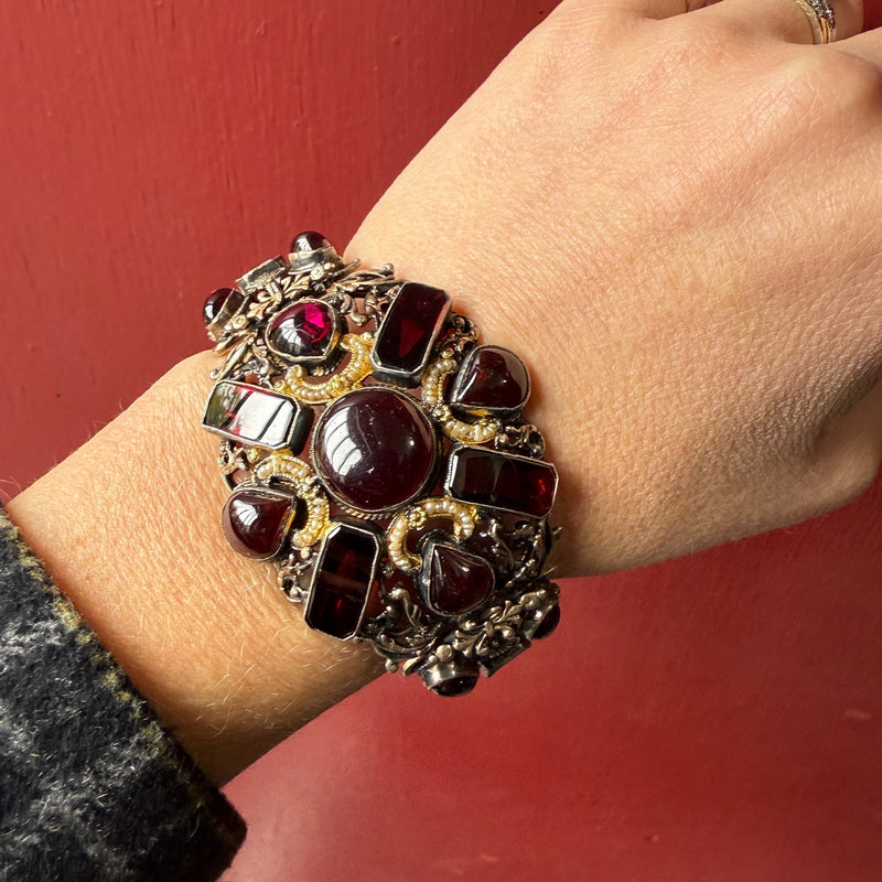 Opulent Garnet & Silver Gilt Bracelet with Pearl Accents
