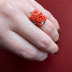 Lush Blossom-Carved Coral in Silver Ring