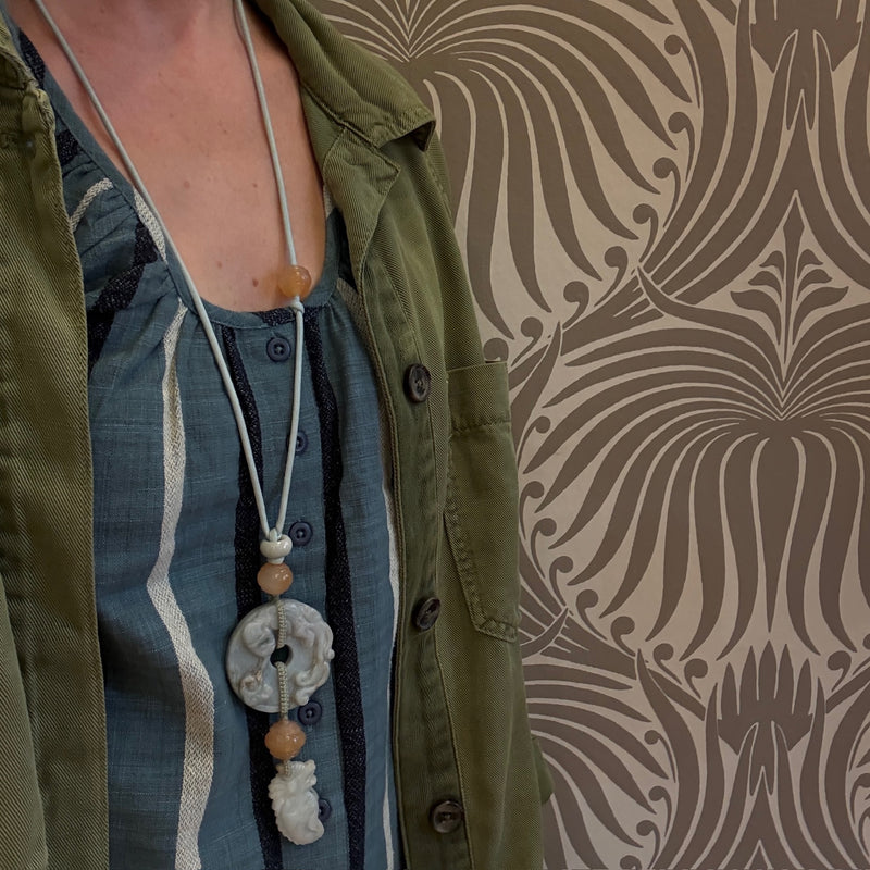 Carved Jade Ring & Carnelian Bead Chinese Necklace