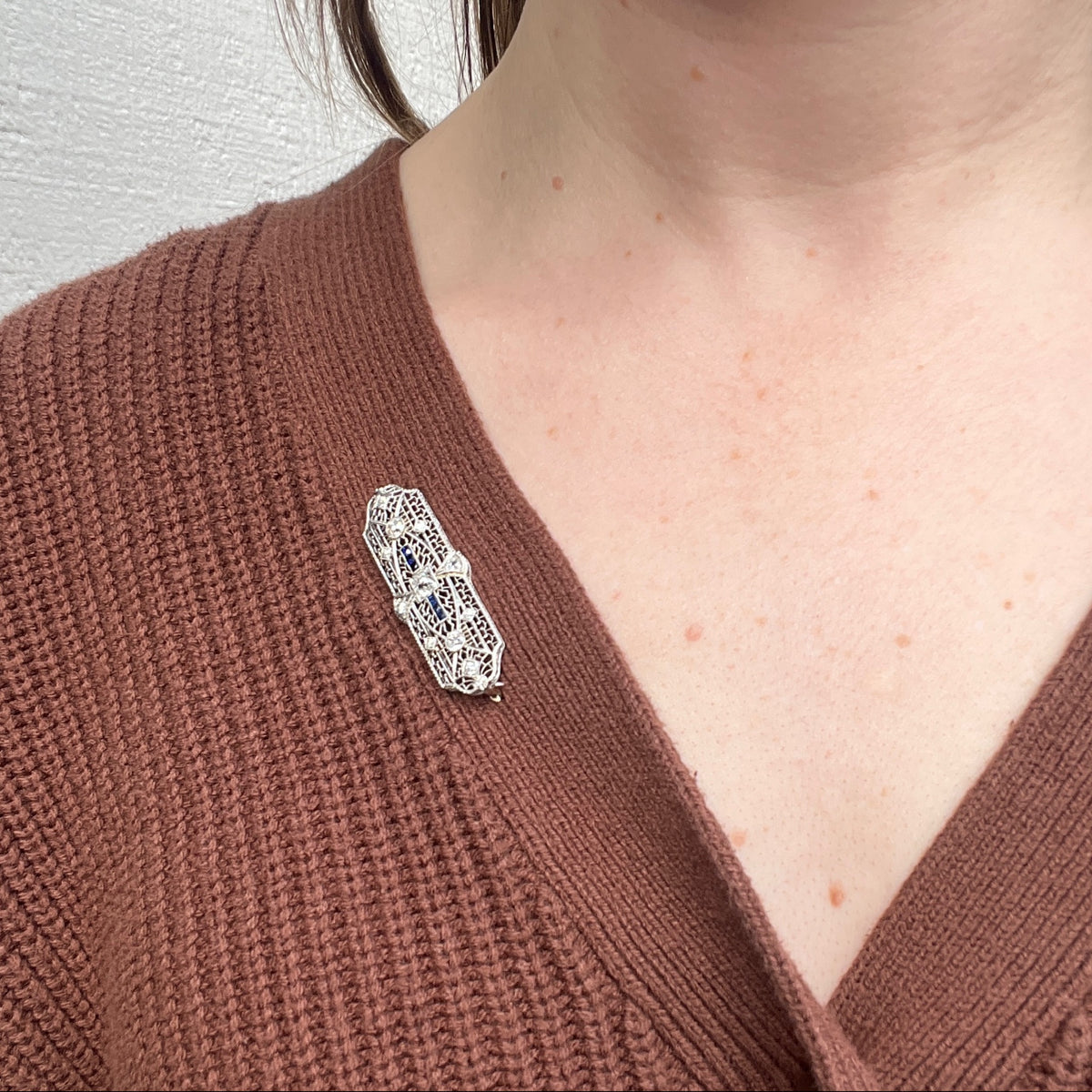 Gossamer Art Deco Old Mine Cut Diamond & Sapphire Brooch