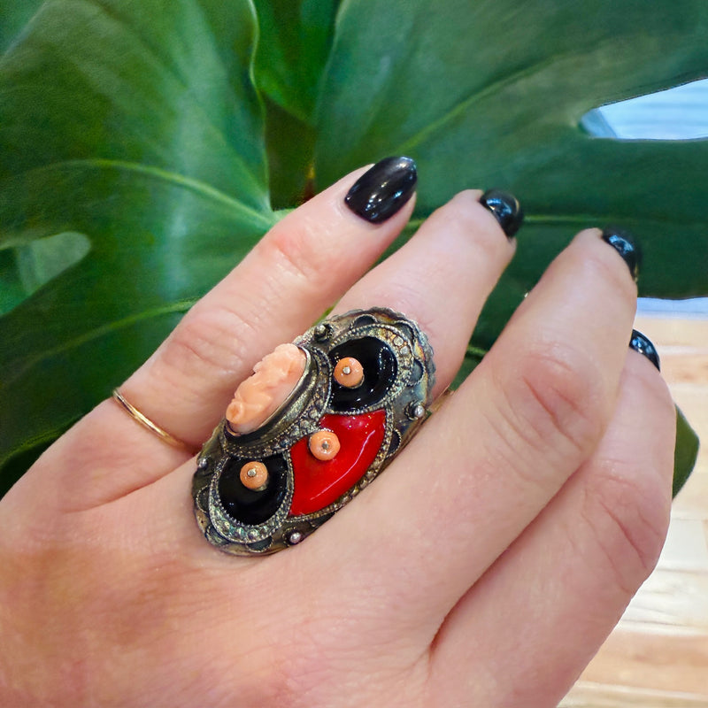 Wild Art Deco Sterling & Enamel Cameo Ring