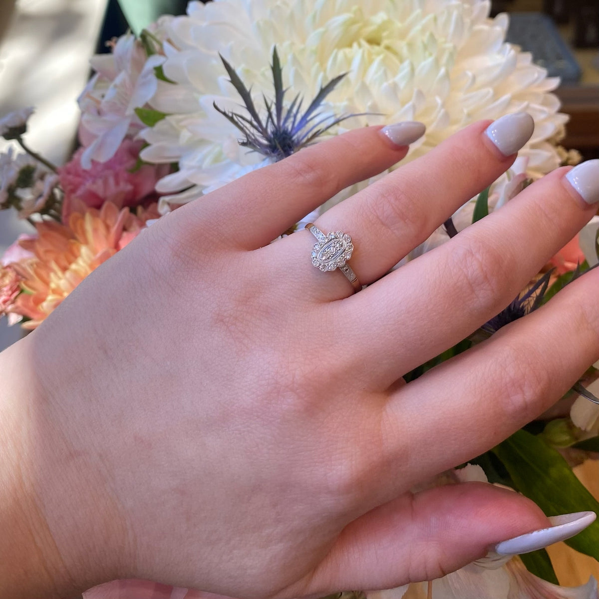 Romantic Diamond Oval Platinum & 18ct Gold Ring
