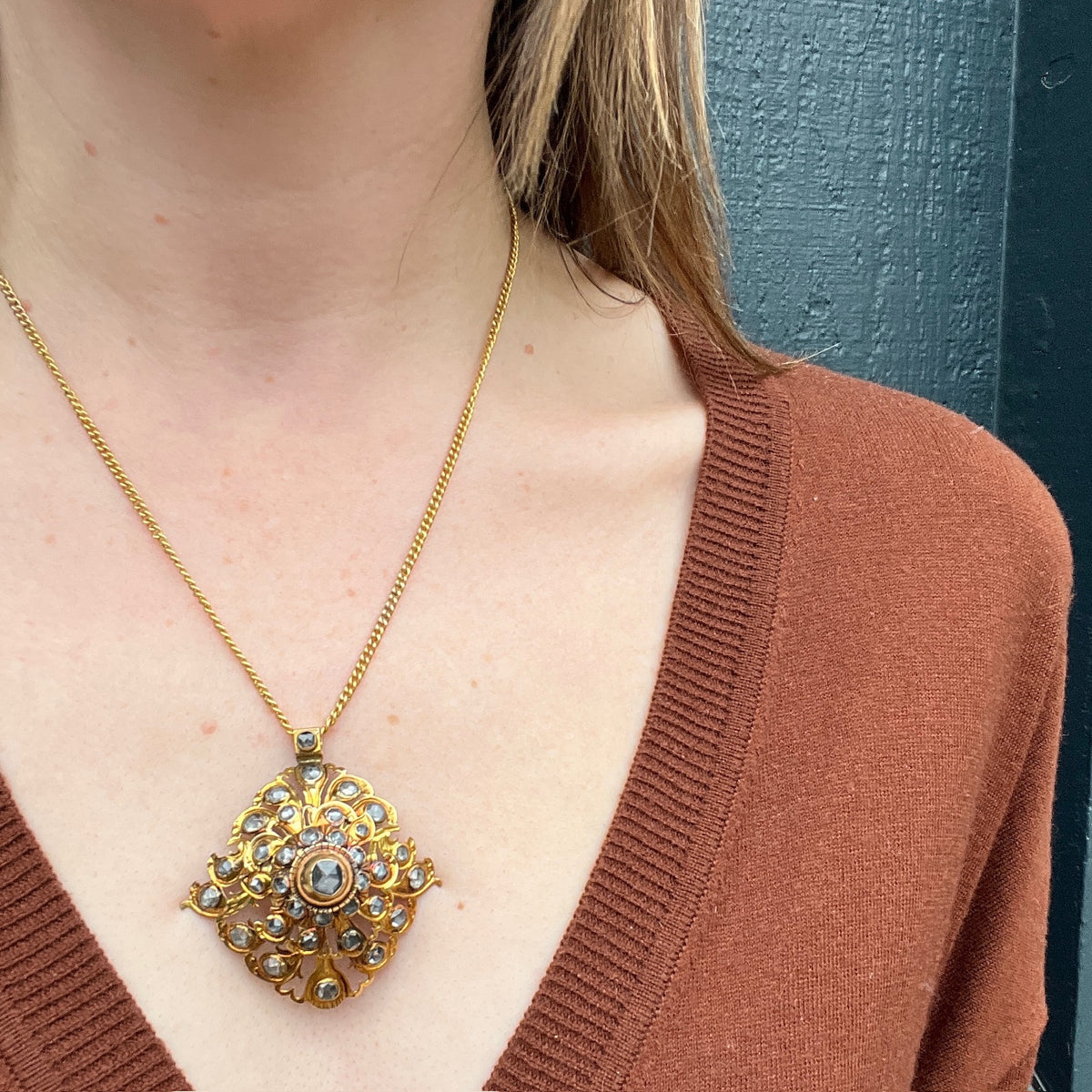 Astonishing Rose Cut White Sapphire & Gold Georgian Pendant