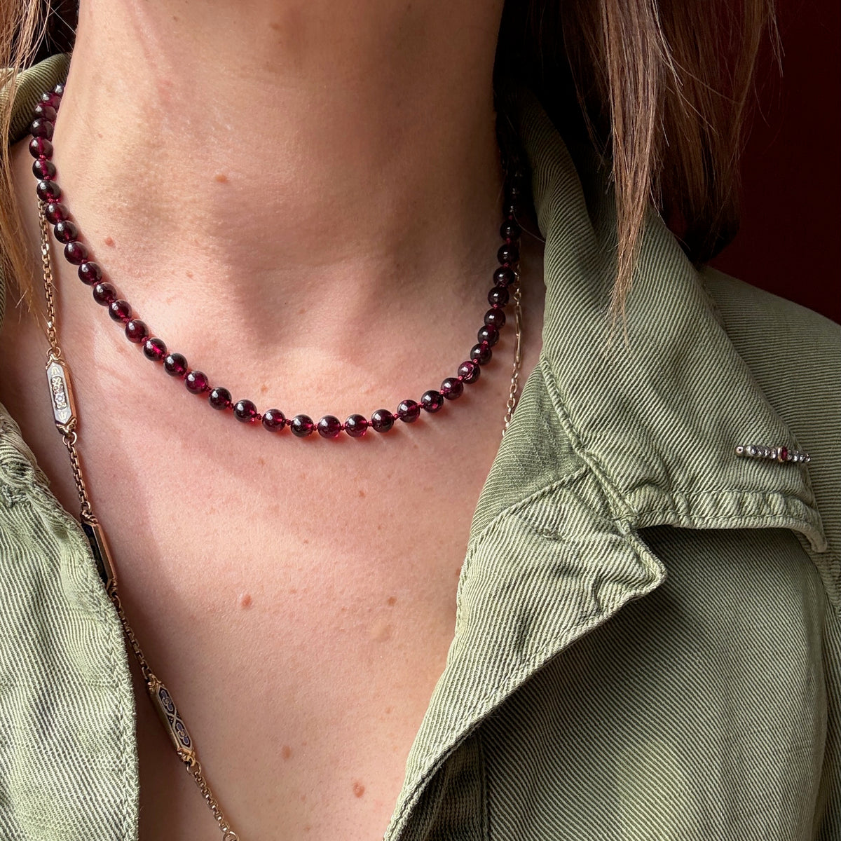 Glossy Garnet Beads on Red Silk 19” Necklace