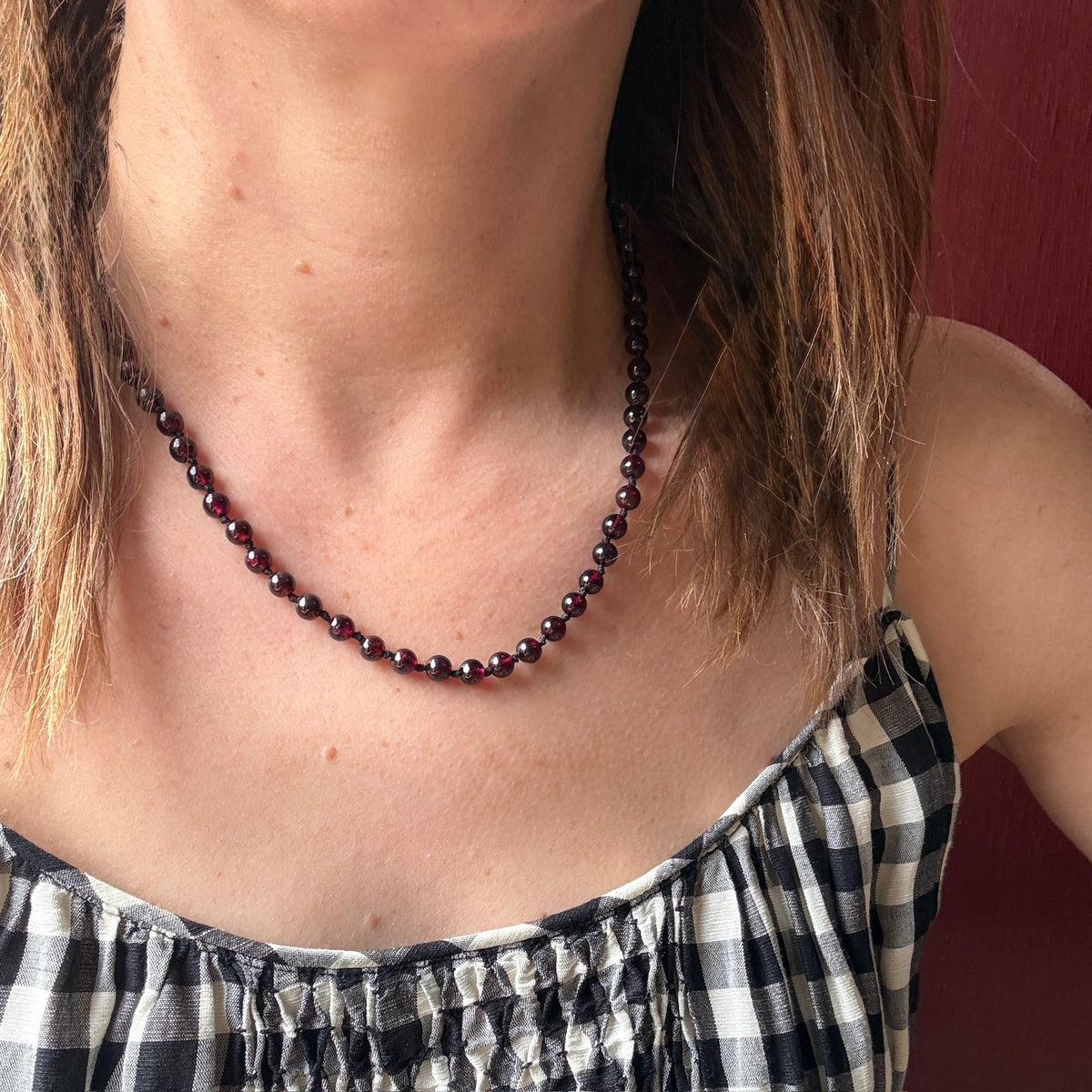 Moody Garnet Beads & Black Silk 19” Necklace