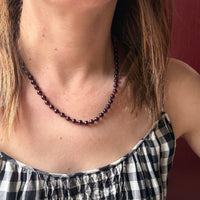 Moody Garnet Beads & Black Silk 19” Necklace