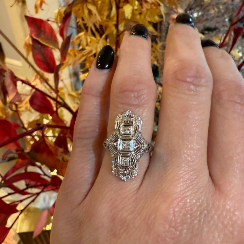 Striking White Gold Filigree & Diamond Knuckle Ring