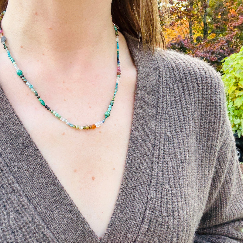 Green, Mauve & Gold Gemstone Bead Necklace by Brin
