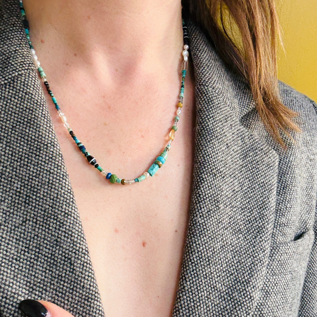 Blue, Green & Gold Gemstone Bead Necklace by Brin