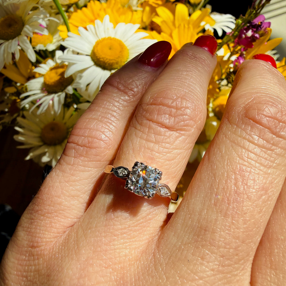 Pretty Old Euro Diamond Two-Tone Engagement Ring