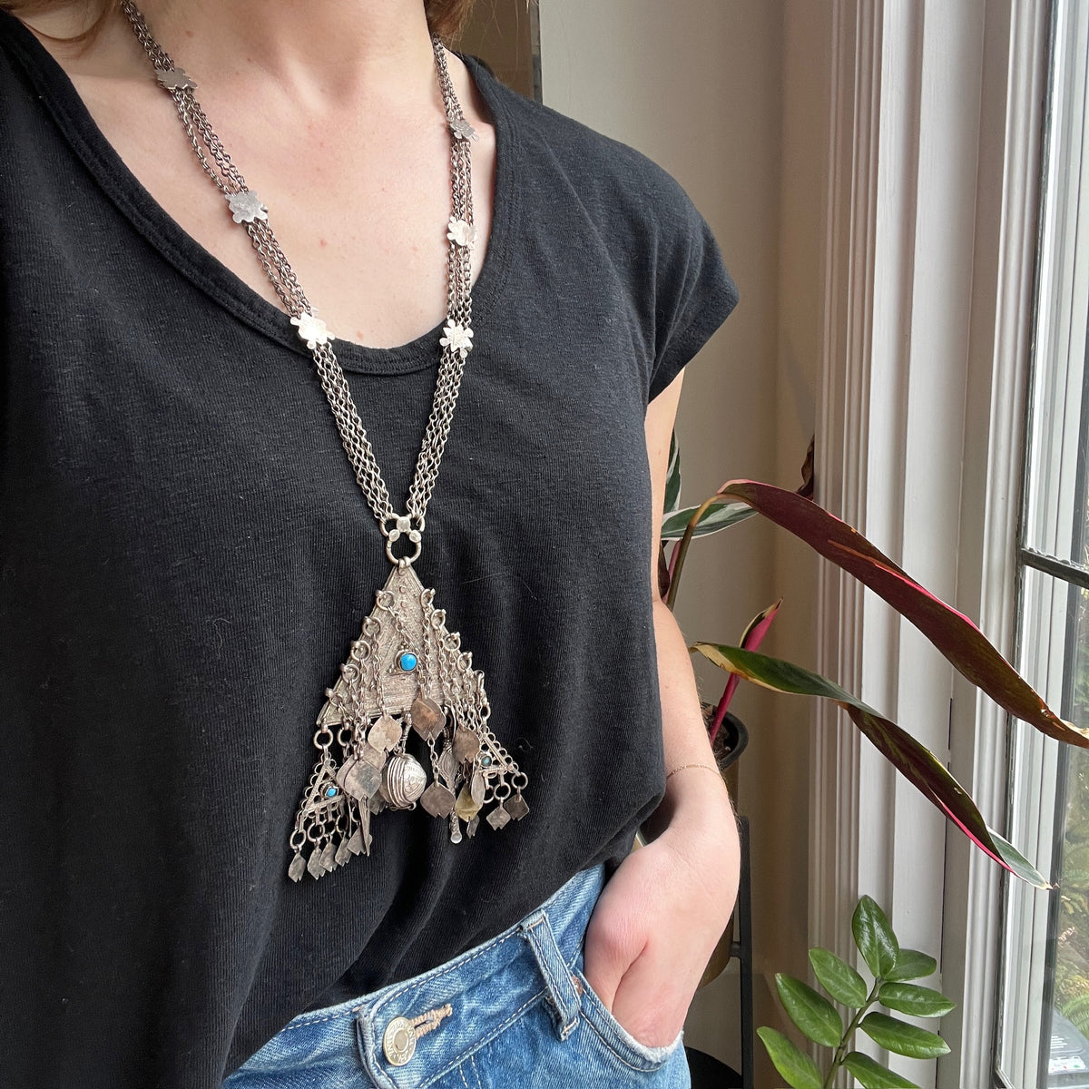 Silver Triangle Pendant with Charms Necklace