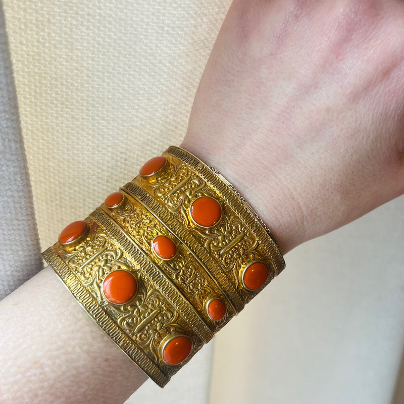 Wide Brass Cuff with Orange & Turquoise Enamel