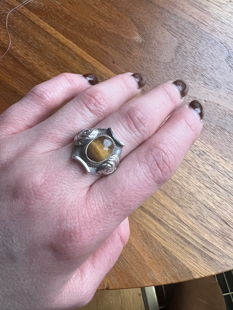 Tigers Eye in Elaborate Sterling Silver Ring