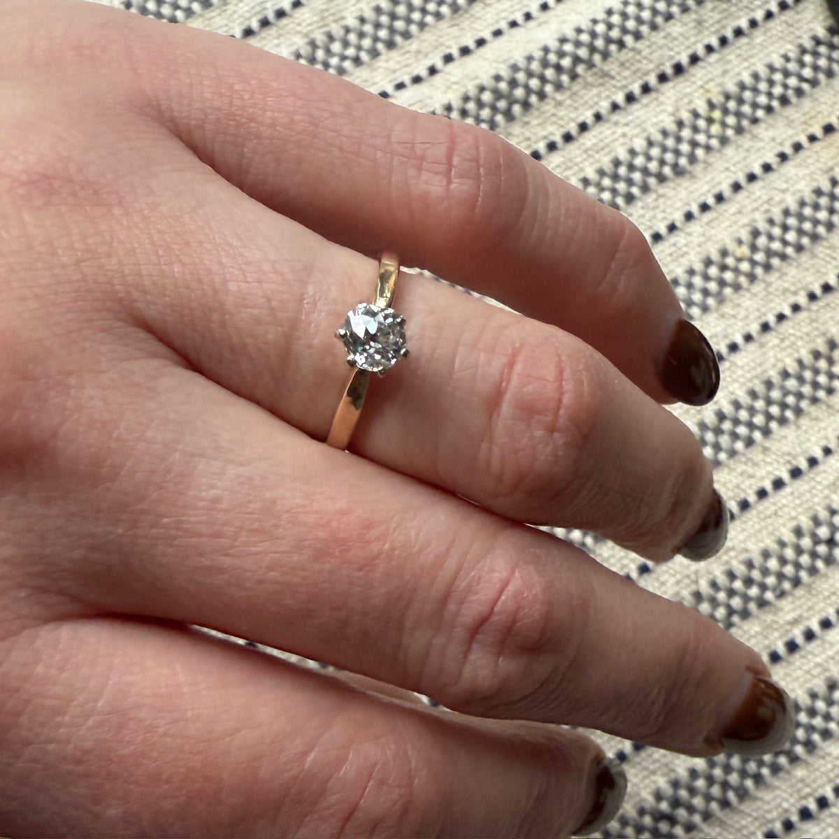 Old Mine Cut Diamond in Two-Tone Mid Century Solitaire
