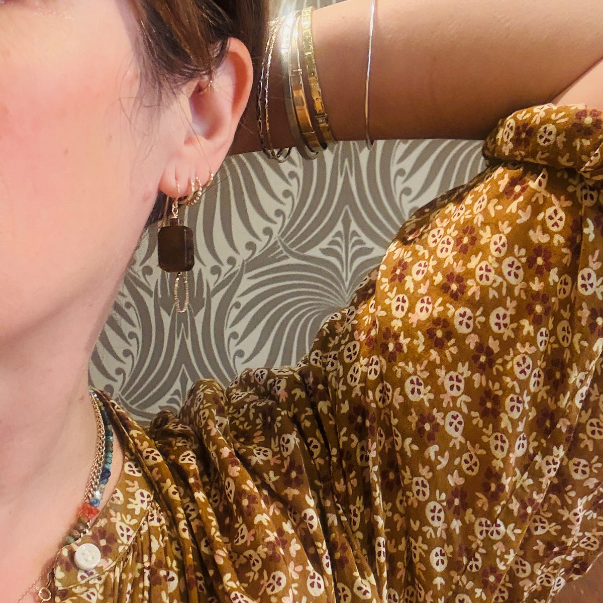 Sculptural Brass & Tiger's Eye Earrings by Brin