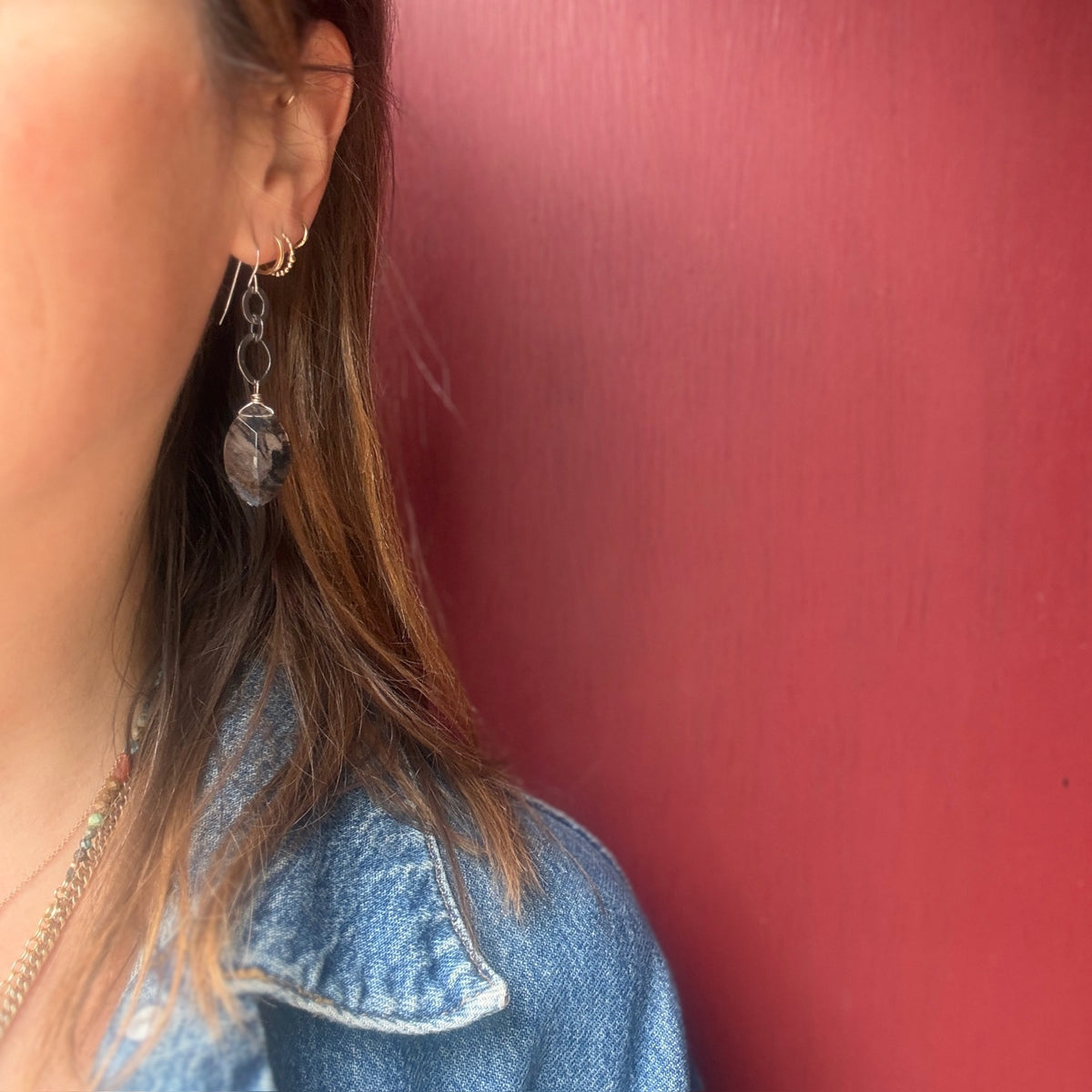 Moss Agate & Sterling Chain Earrings by Brin