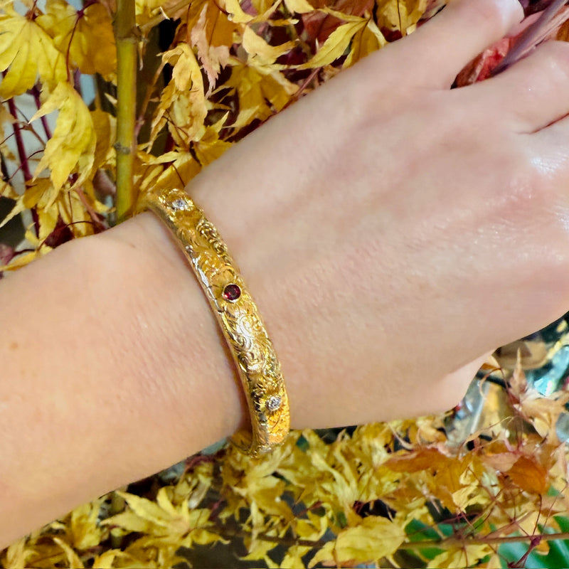 May's Gem Set Engraved Gold Bangle