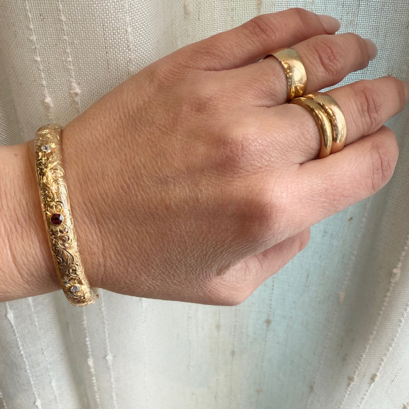 May's Gem Set Engraved Gold Bangle
