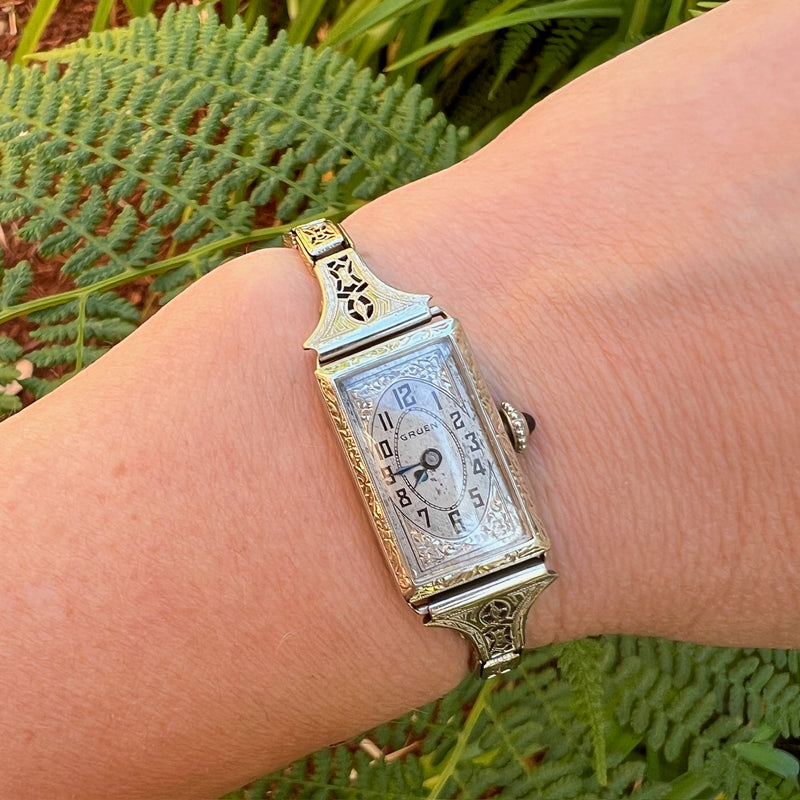 Ornate Ladies Gruen Watch with Deco Details in White Gold GSL