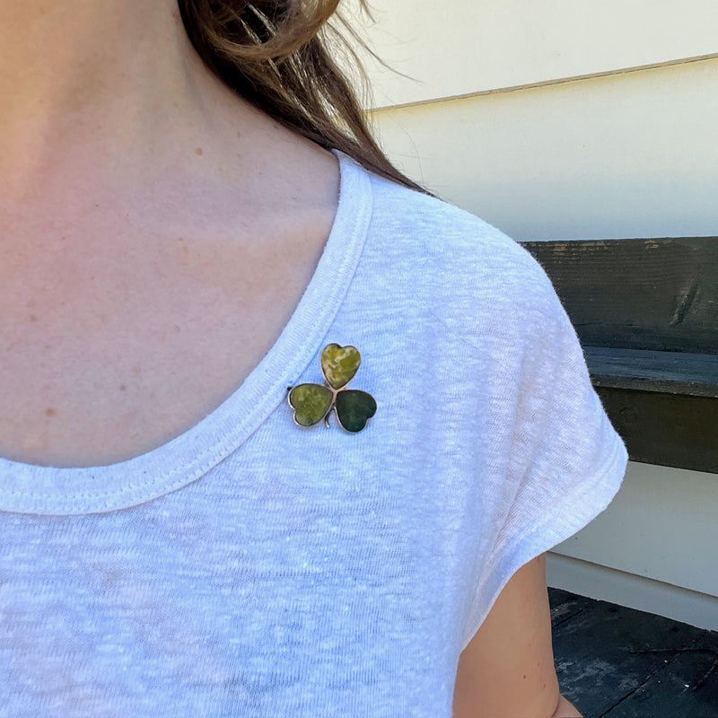 Luck of the Irish Connemara Marble Shamrock Brooch