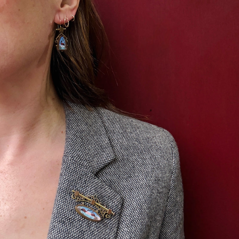 19thc Flamingo Brooch and Earring Set
