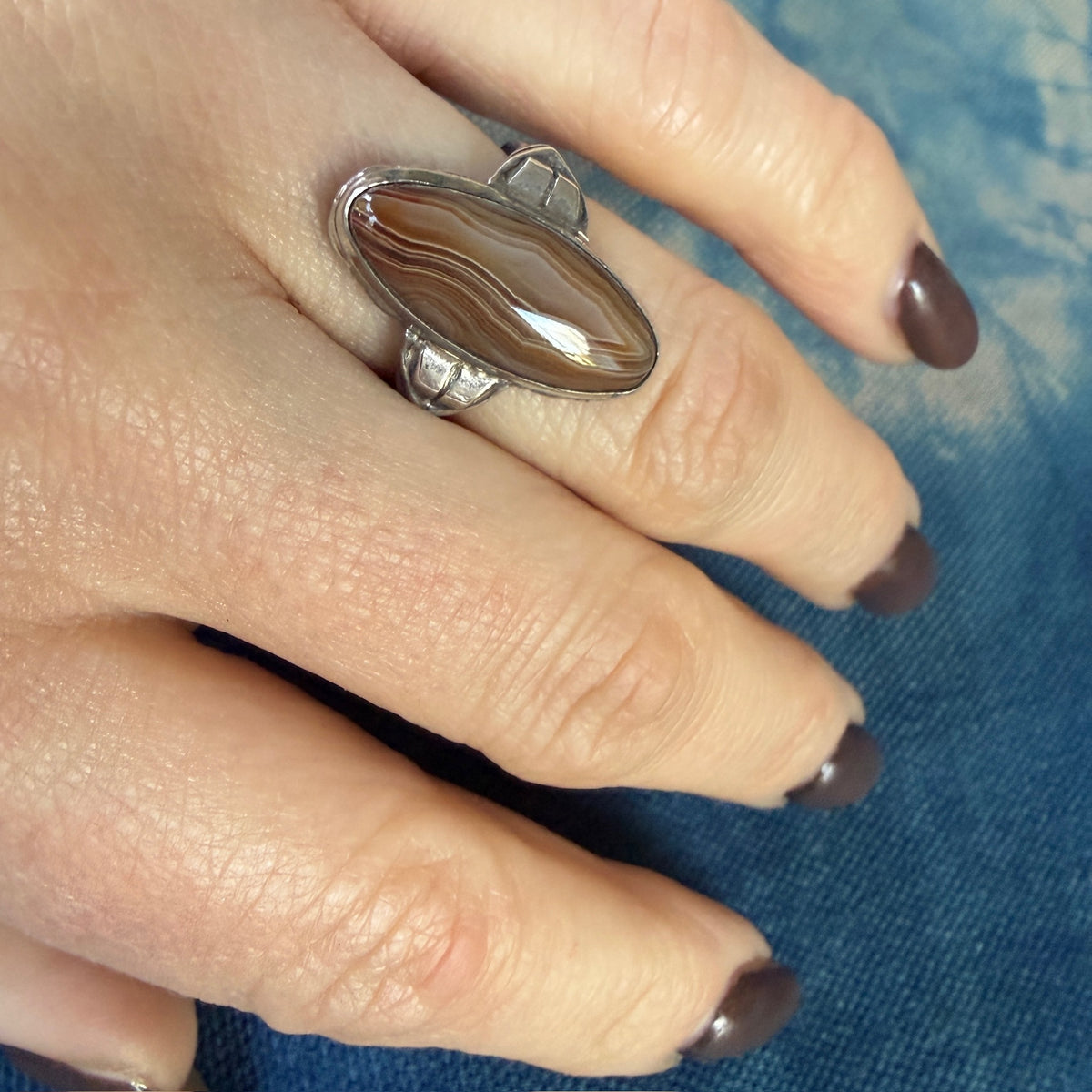 Banded Agate in Smart Sterling Art Deco Ring