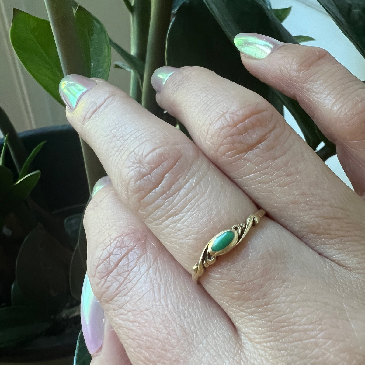 Dainty Softly Scrolled Gold & Jade Ring