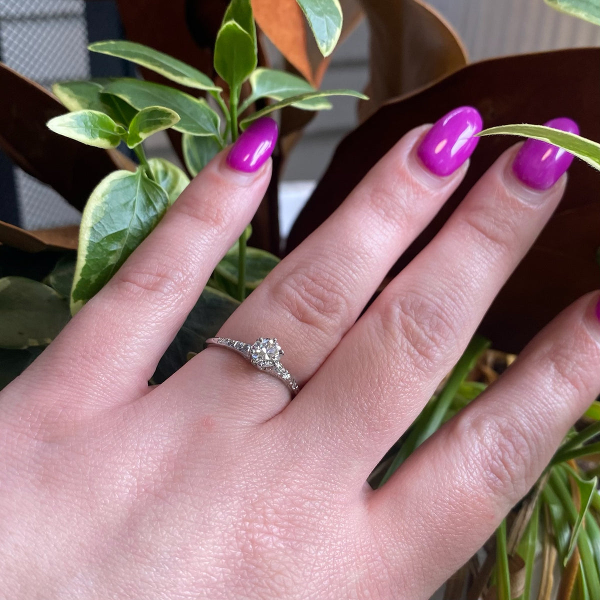 Old Euro Cut Diamond in Romantic Engraved White Gold Ring
