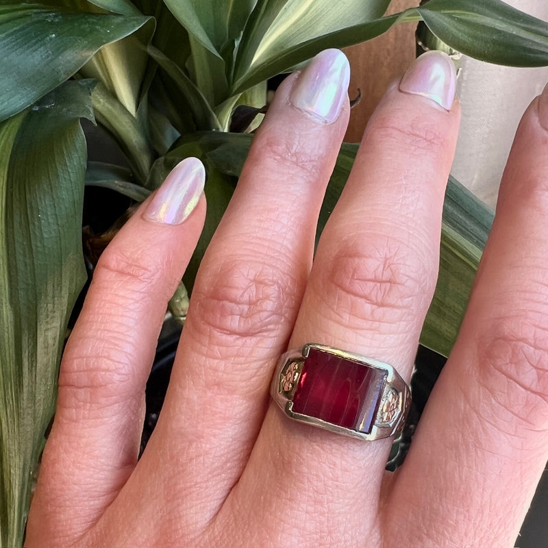 Cheerful Synthetic Ruby in Two-Tone Signet Ring