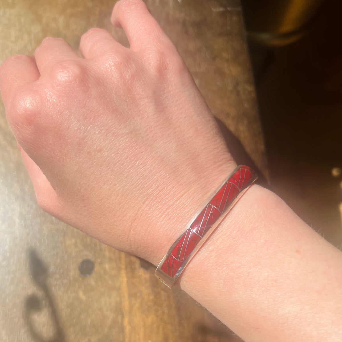 Substantial Mexican 950 Silver Bracelet with Red Inlay