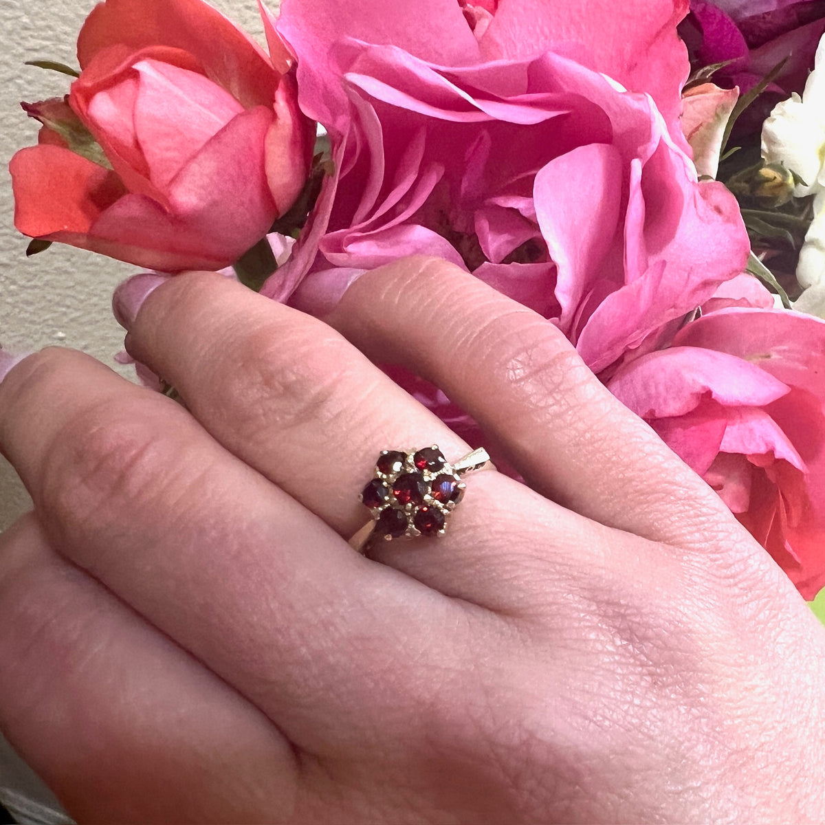 Pretty Garnet Posy Cluster in 10k Ring